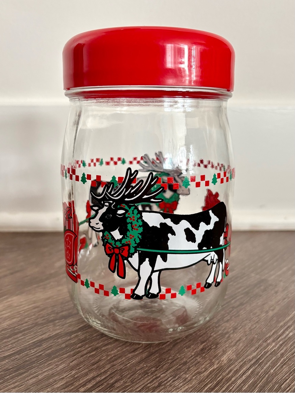 Vintage—Cow Holiday Christmas Glass Jar (1L, Red Lid) Made in France